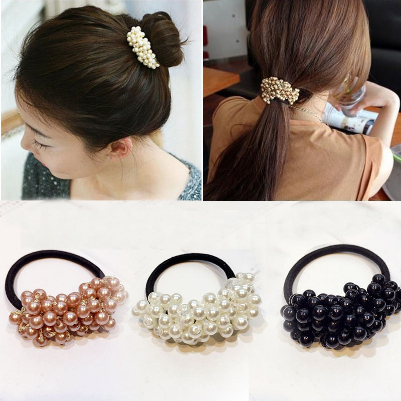 Half Circle Pearl Hair Tie with Beads and Hair Flower