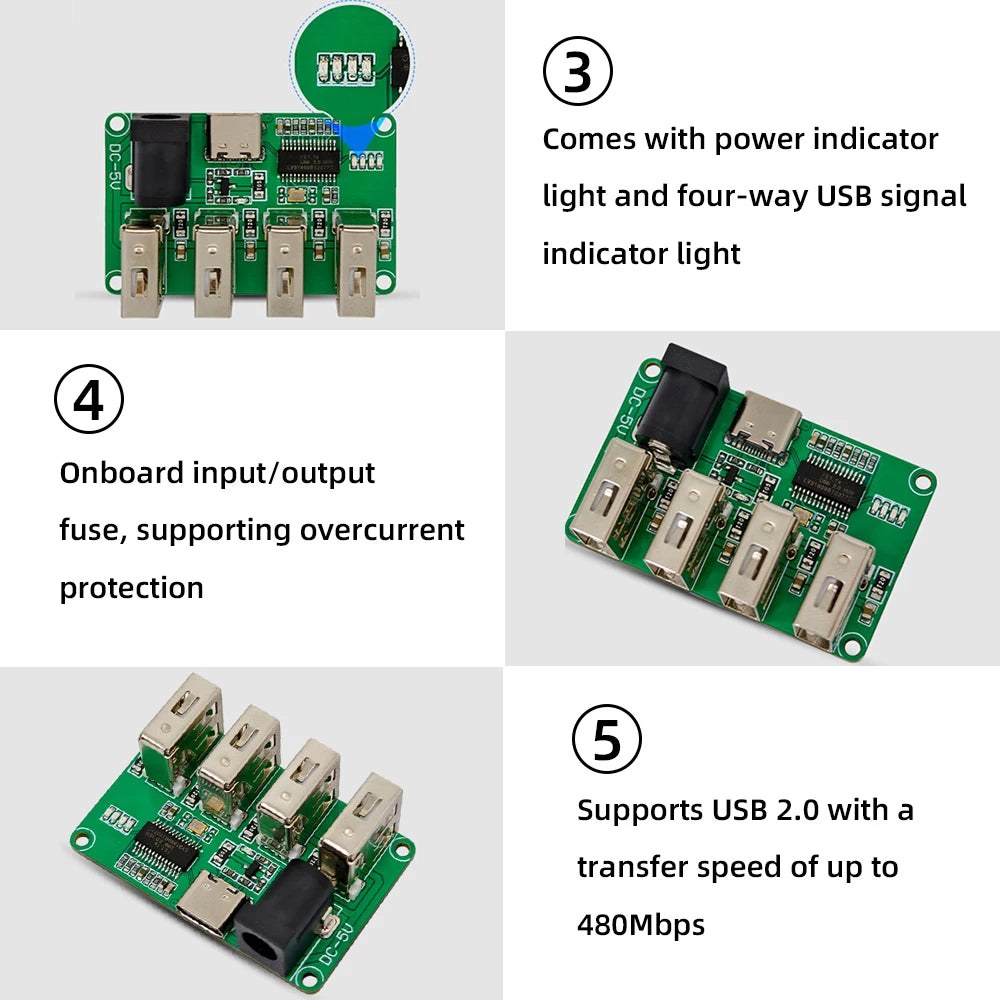 DC 5V USB 2.0 HUB 1 to 4 HUB Module FE1.1S Chip Transmission Speed 480Mbps For Keyboard Mice Portable Hard Drive Card Reader