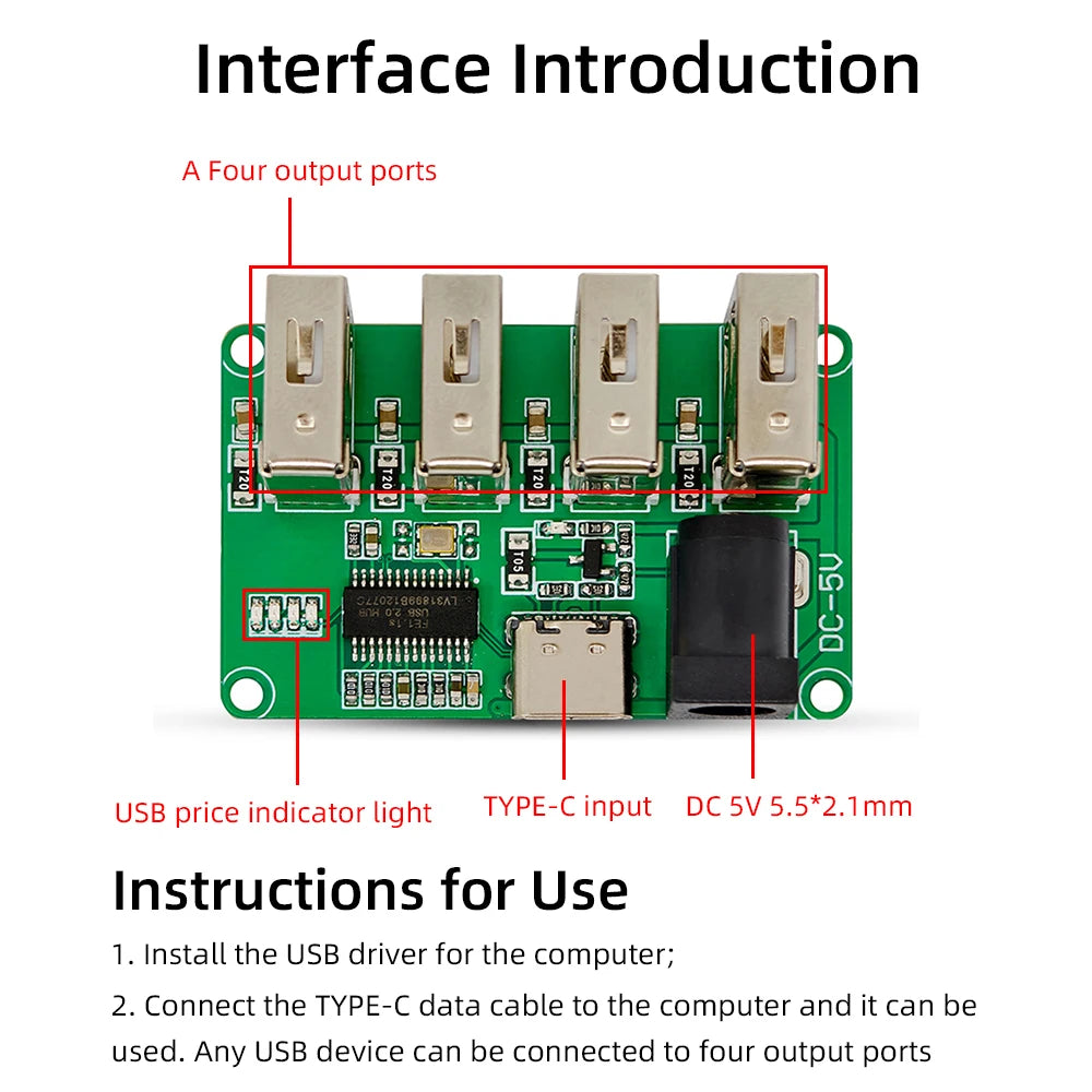 DC 5V USB 2.0 HUB 1 to 4 HUB Module FE1.1S Chip Transmission Speed 480Mbps For Keyboard Mice Portable Hard Drive Card Reader