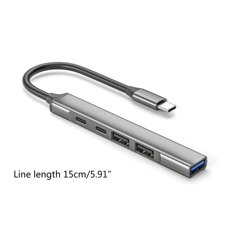 Aluminum Alloy 5 in 1 Type C Hub with PD 60W Charging,2xUSB2.0 USB3.0 USB C 10Gbps for Laptops, Desktops, and Mobile Devices